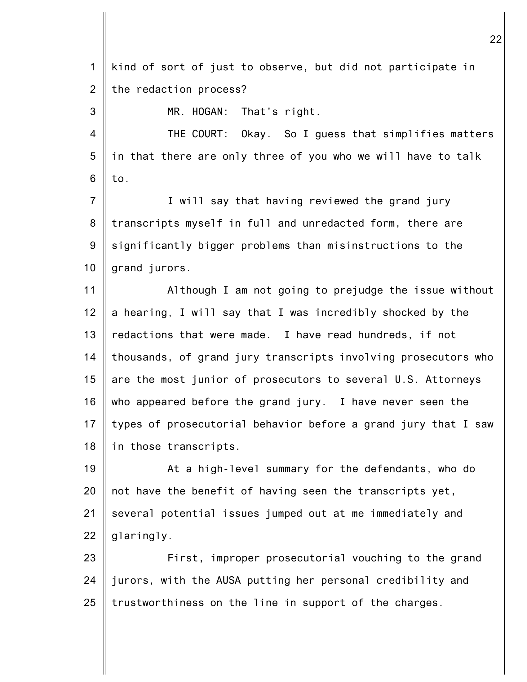 Page 22 of the official redacted transcript of USA v. Rabbitt et al., dated May 21, 2026, showing Judge April M. Perry's statement on lines 16 to 18 reading 'I have never seen the types of prosecutorial behavior before a grand jury that I saw in those transcripts.'